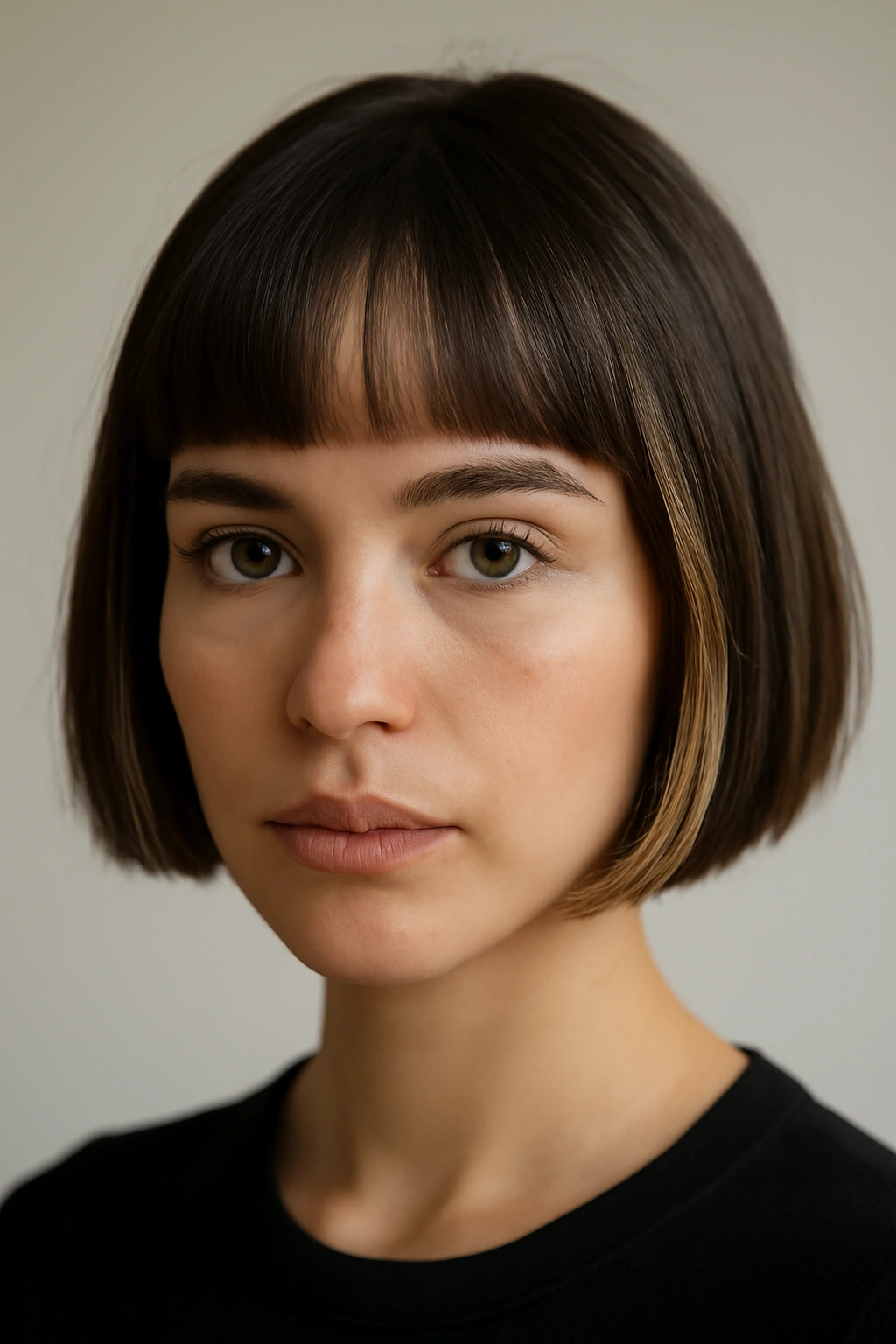 Blunt fringe short bob with dimensional pieces framing the eyes