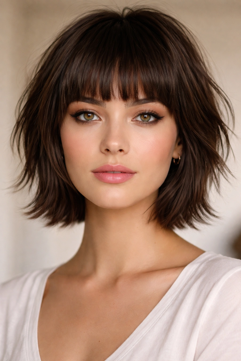 Model with choppy layers and a blunt fringe