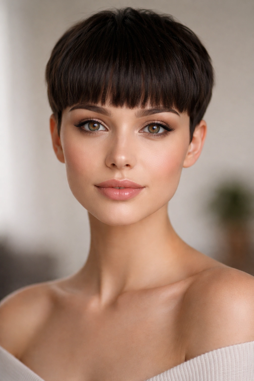 Heart-faced model in blunt fringe crop with forehead coverage