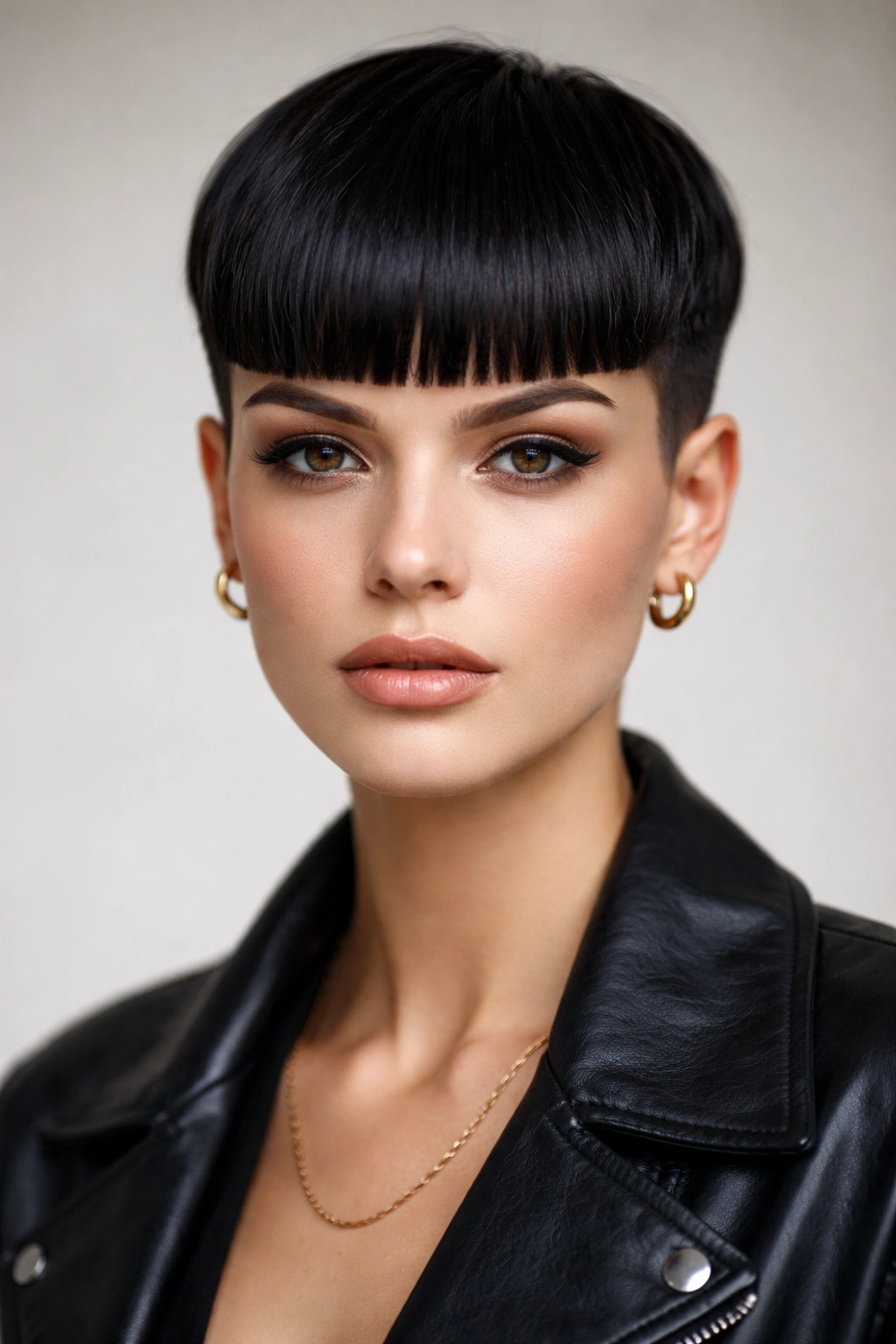 Portrait of a person with a thick blunt fringe at eyebrow height and cropped sides.