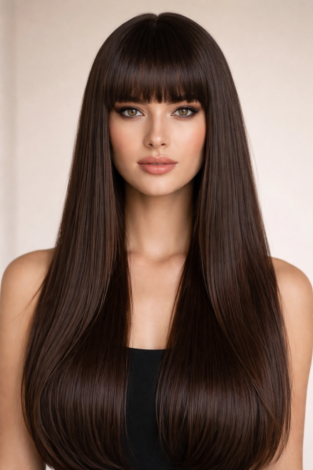Front view of blunt fringe with longer hair, crisp fringe line