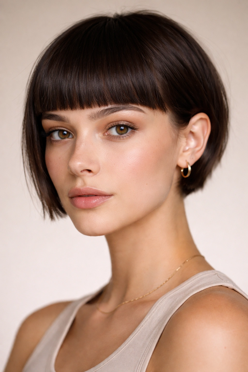 Portrait showing blunt fringe and short back haircut with geometric contrast