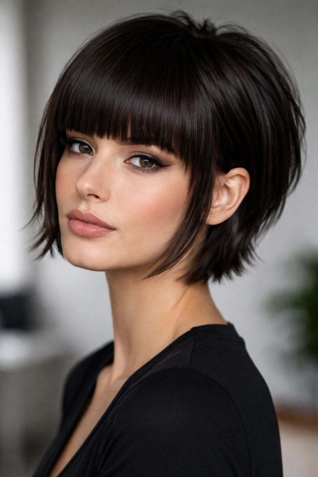 Portrait showing blunt fringe with layered crown on straight hair