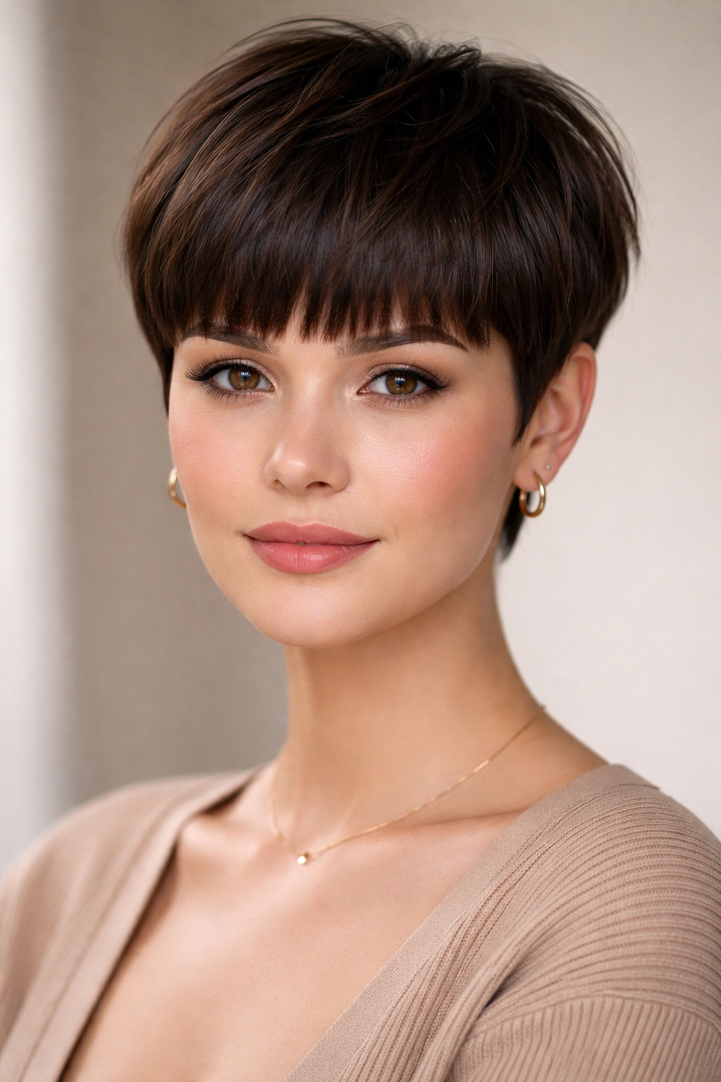 Head-and-shoulders portrait of blunt fringe pixie with soft layers