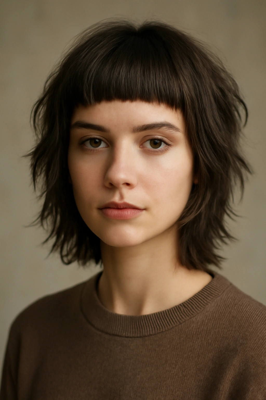 Portrait of blunt fringe shag with straight fringe and textured layers.