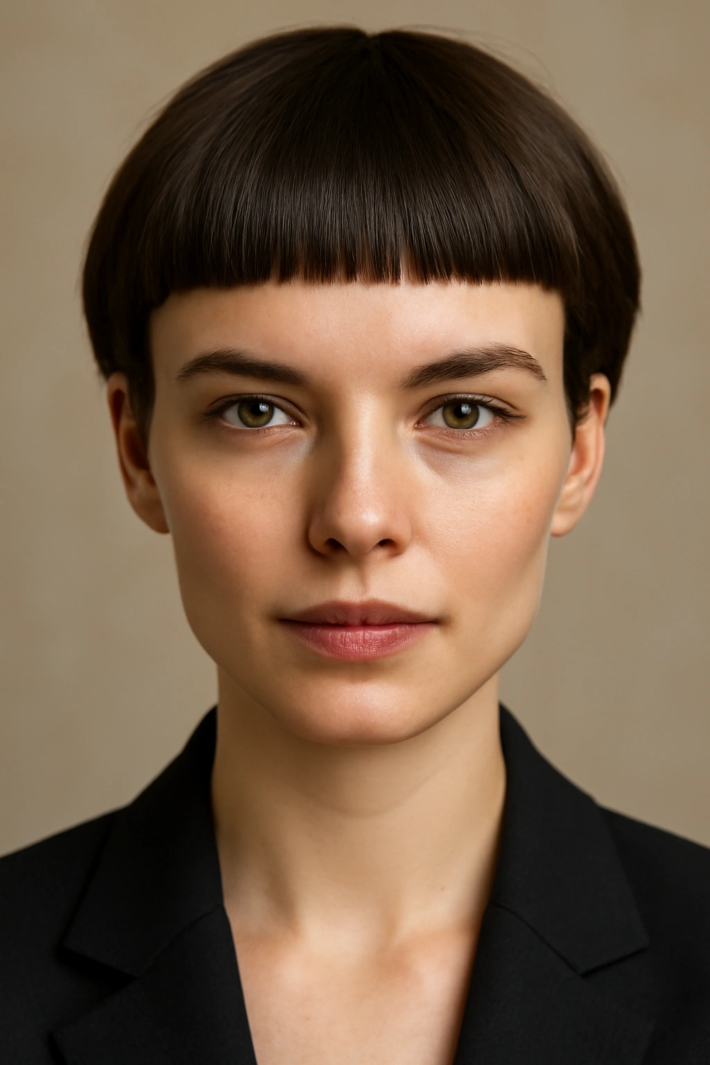 Short hairstyle with a blunt fringe across the forehead
