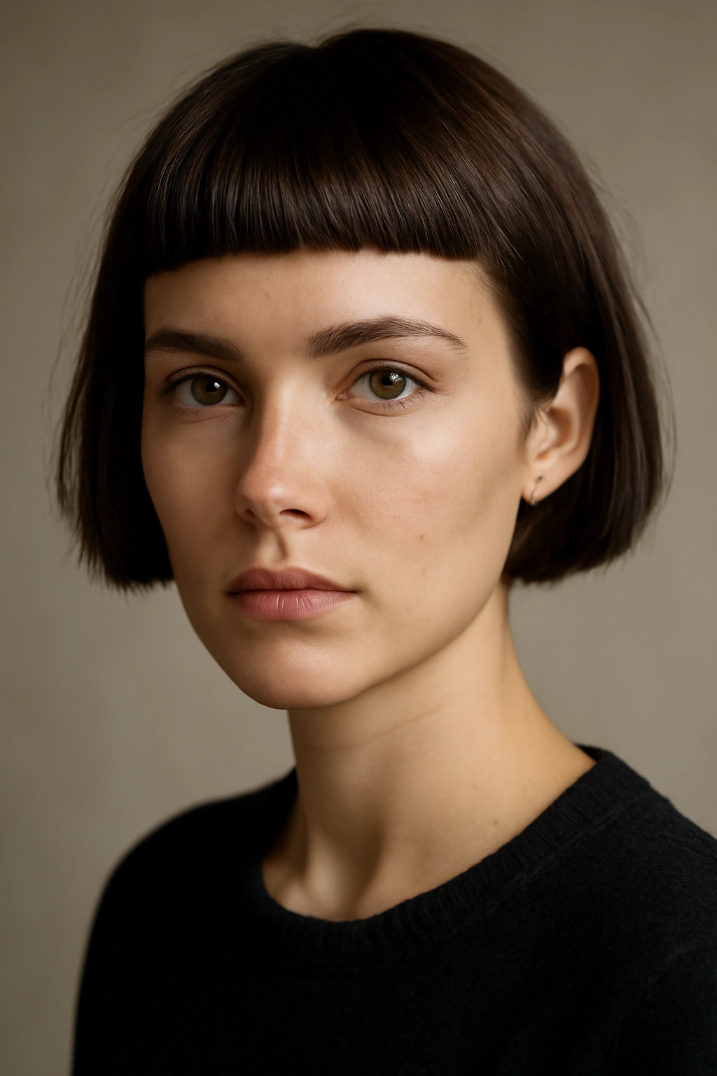 Short hair with a blunt fringe highlighting the eyes and cheekbones.