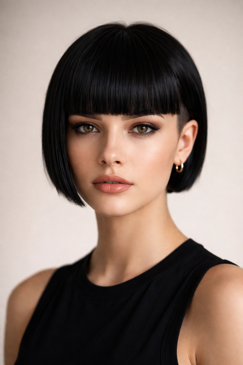 Portrait of a person with a blunt fringe and short sides on straight hair