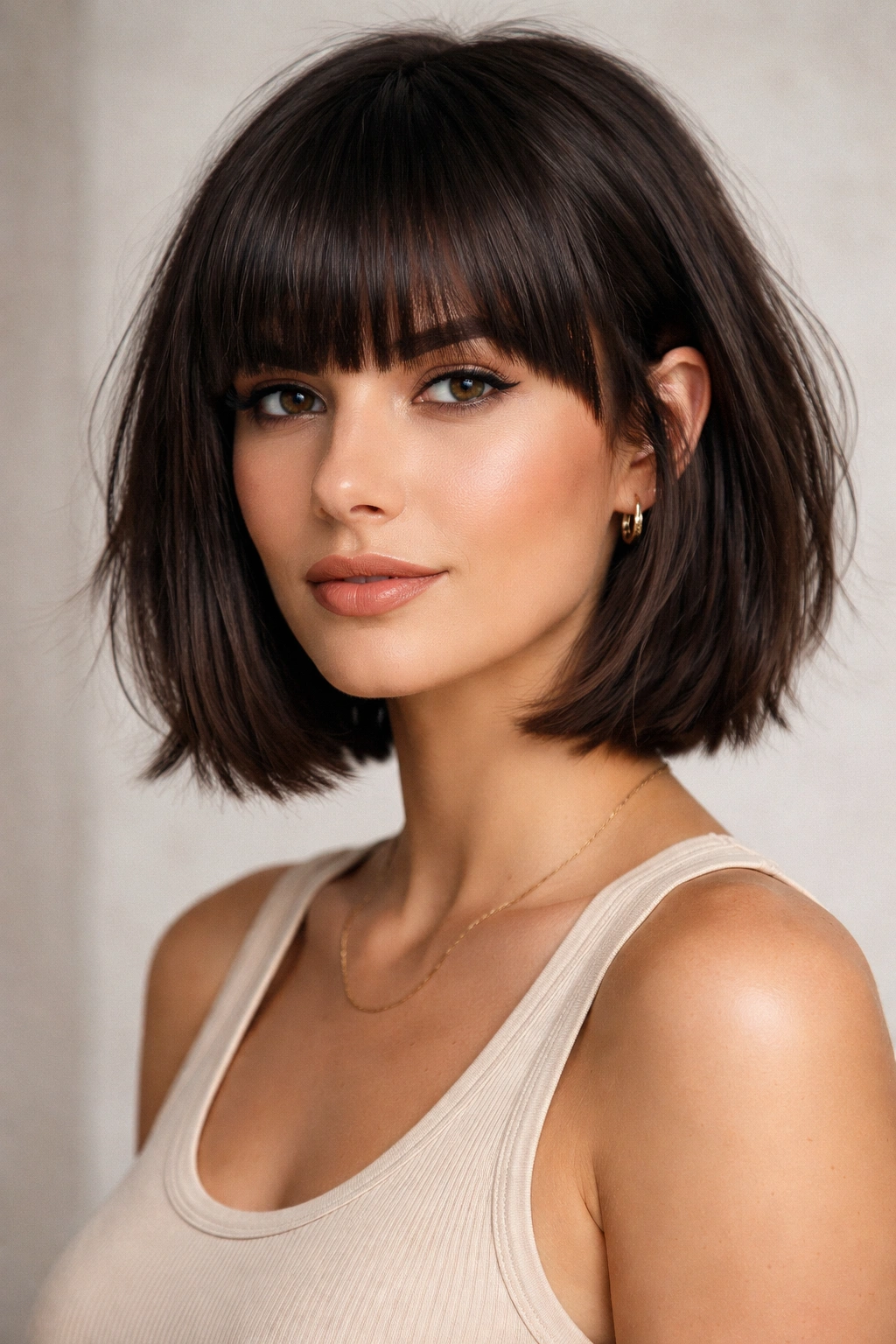 Front-quarter view of The Blunt Fringe with Textured Layers hairstyle on a model in studio
