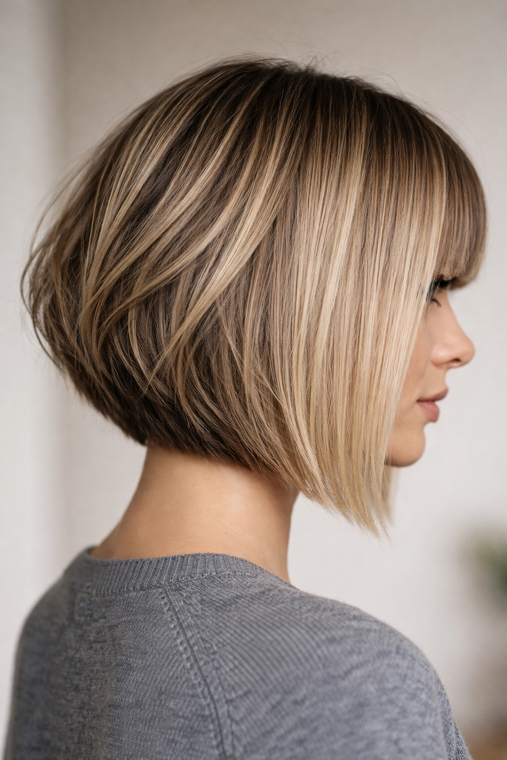 Blunt front with textured back bob showing contrast between front and back