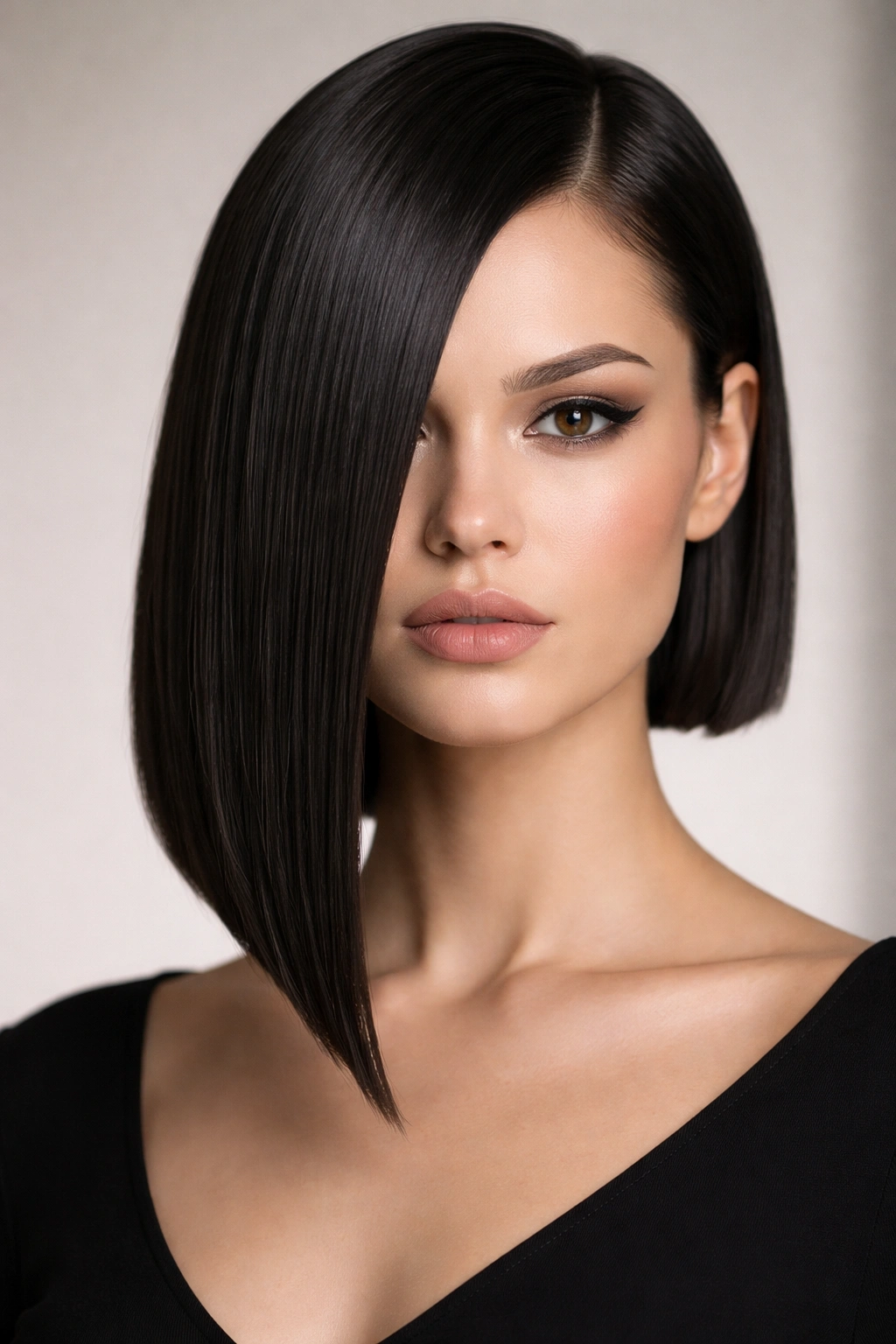 Full-face portrait of a blunt geometric asymmetrical bob with sharp lines.