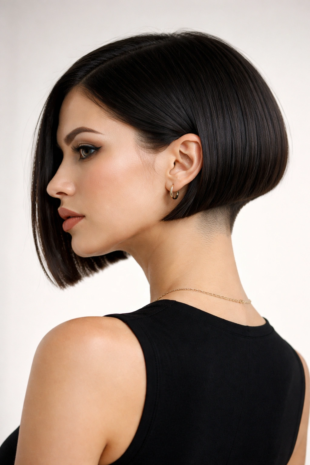 Blunt graduated bob with high nape shave and precise lines.