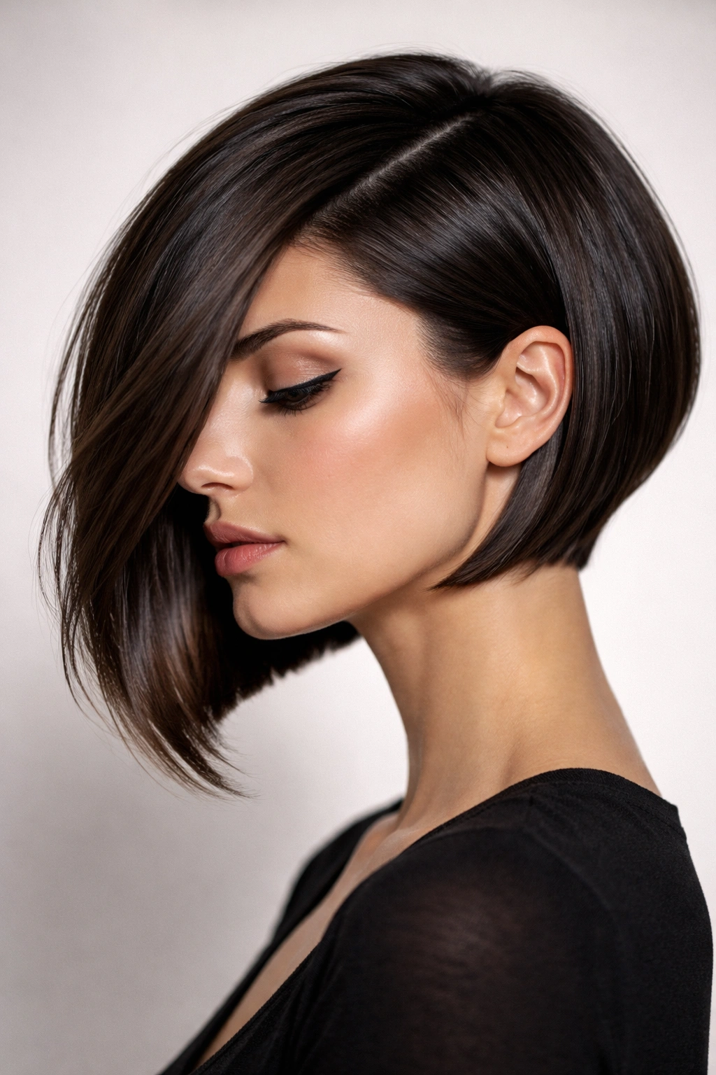 Blunt inverted bob with dramatic side part and sharp edges