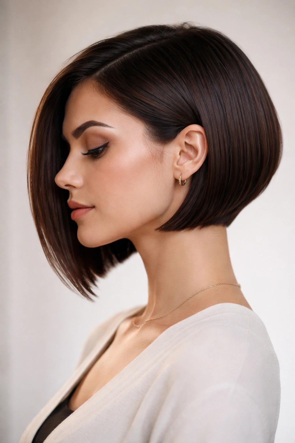 Close-up of a person with a blunt inverted bob showing sharp back and longer front.