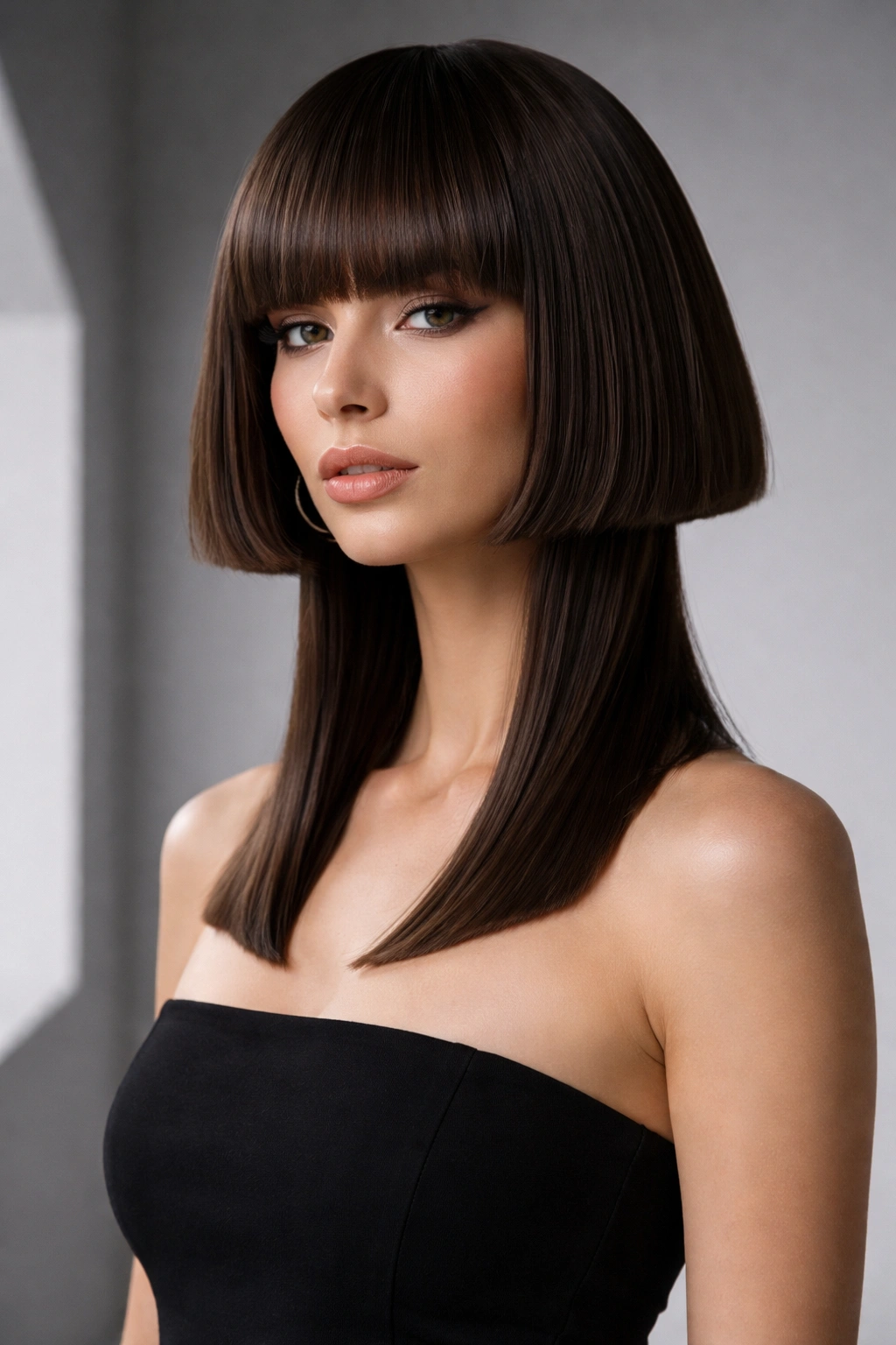 Model with blunt jellyfish haircut featuring sharp, geometric lines.