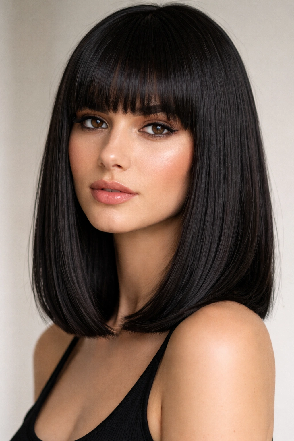 Blunt lob with full straight-across bangs framing the face