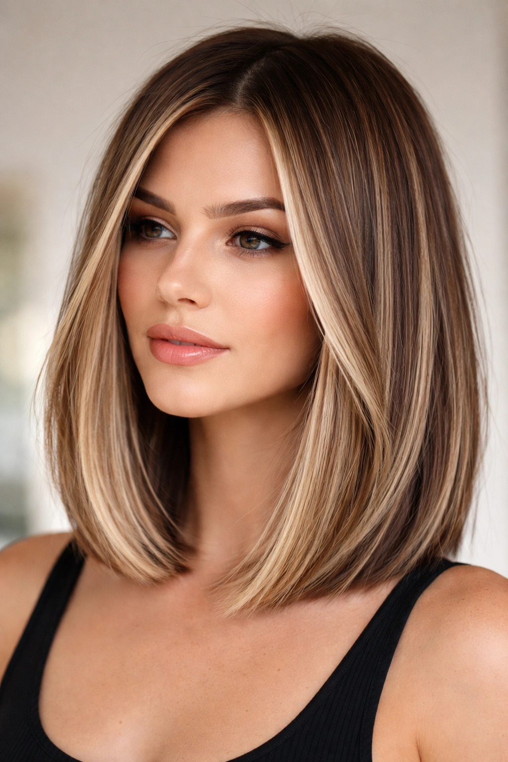 Blunt lob with dimensional color highlights and sharp ends