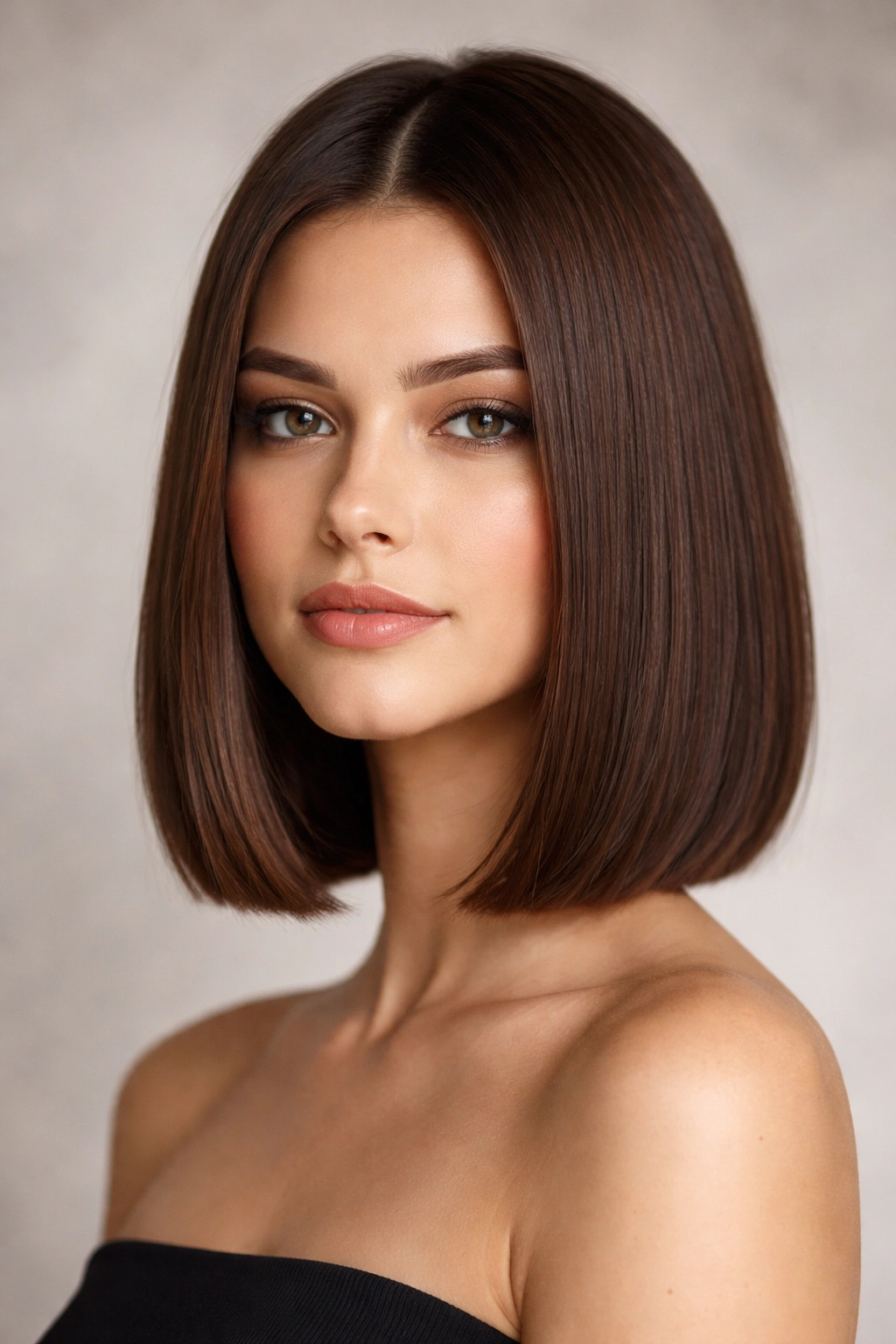 Blunt lob hairstyle with a straight, even cut at mid-neck length.
