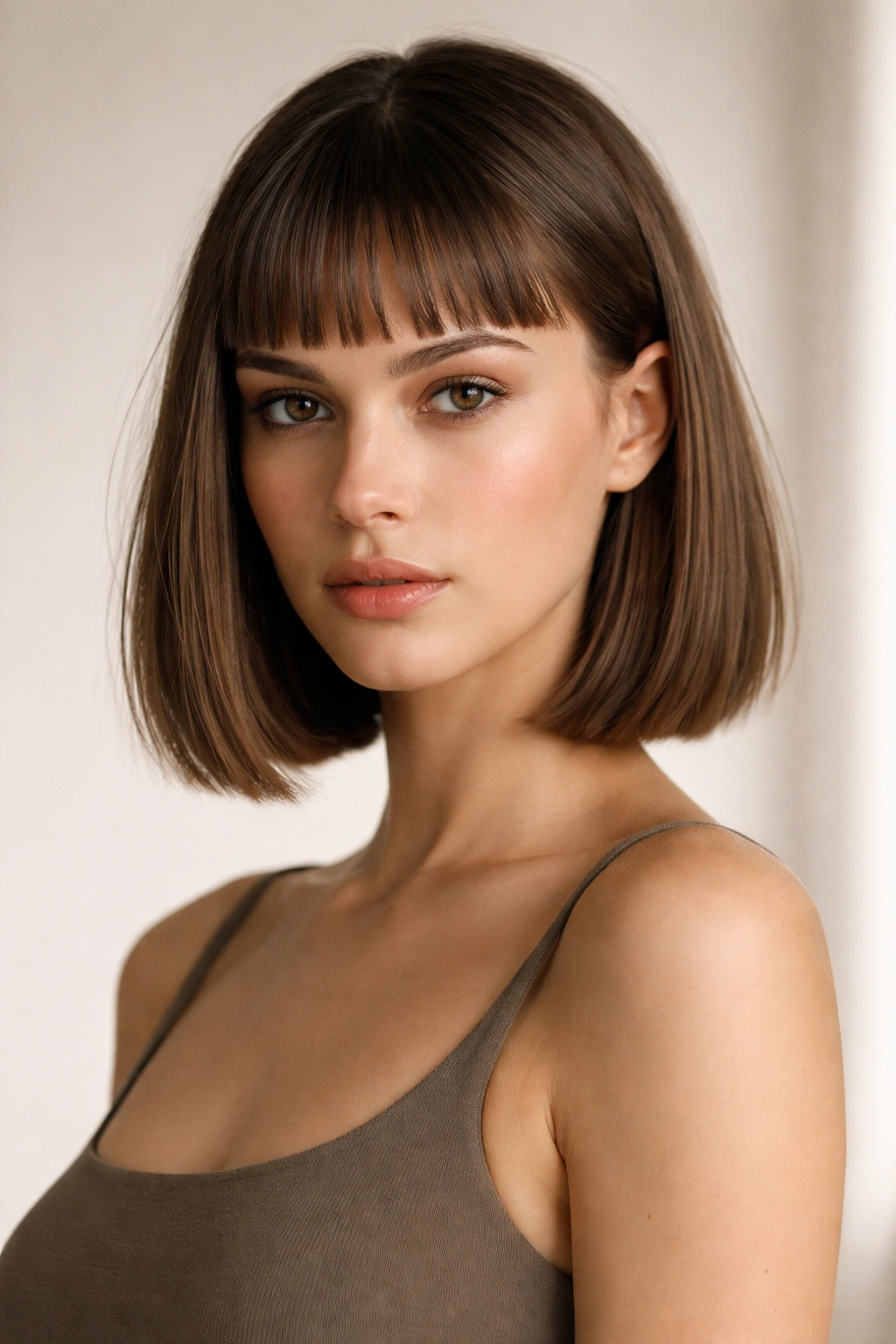 Blunt lob with micro-bangs featuring a clean silhouette and delicate fringe