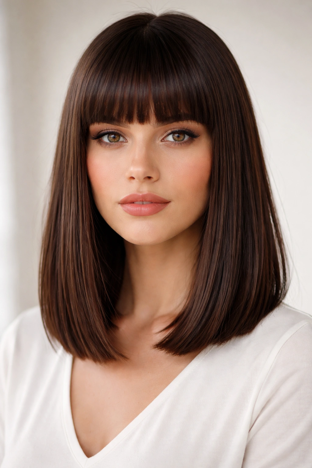 Blunt lob hairstyle with straight-across bangs creating a bold horizontal frame