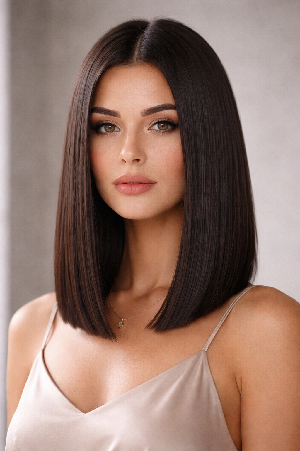 Close-up of a blunt lob hairstyle with a straight, even edge at the collarbone