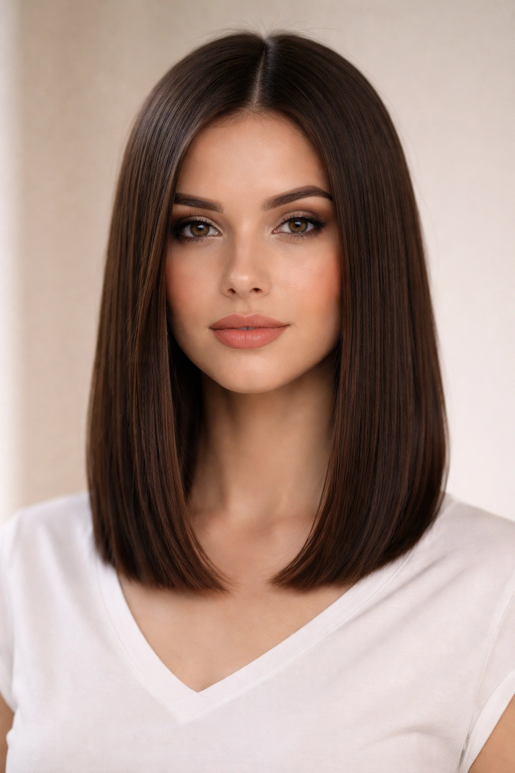 Long blunt lob hairstyle with a perfectly straight edge on straight hair