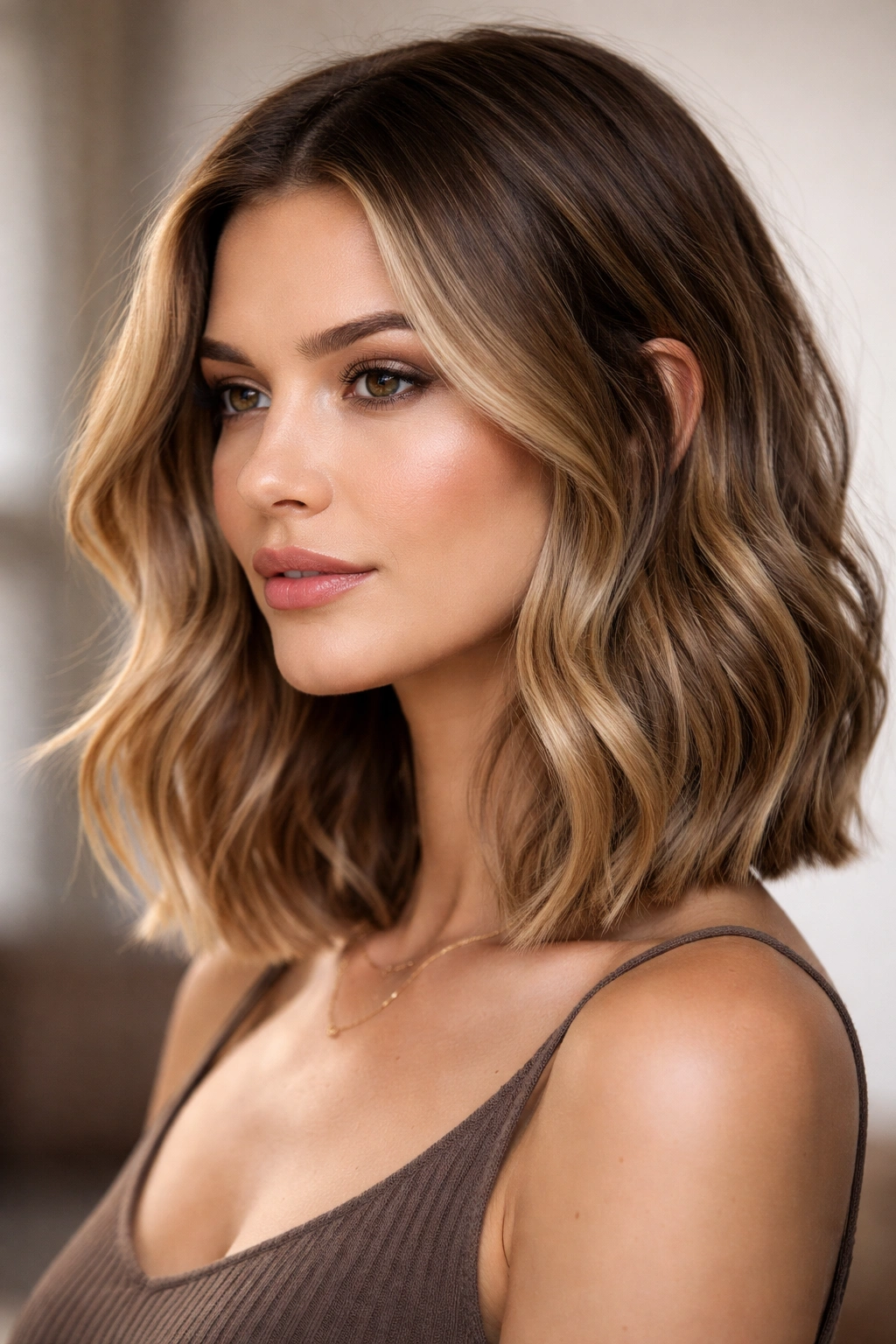Blunt lob with subtle waves offering edge and movement.