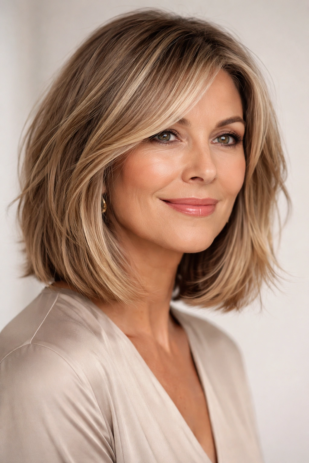 Close-up of chin-to-shoulder blunt lob with choppy texture and dimensional color