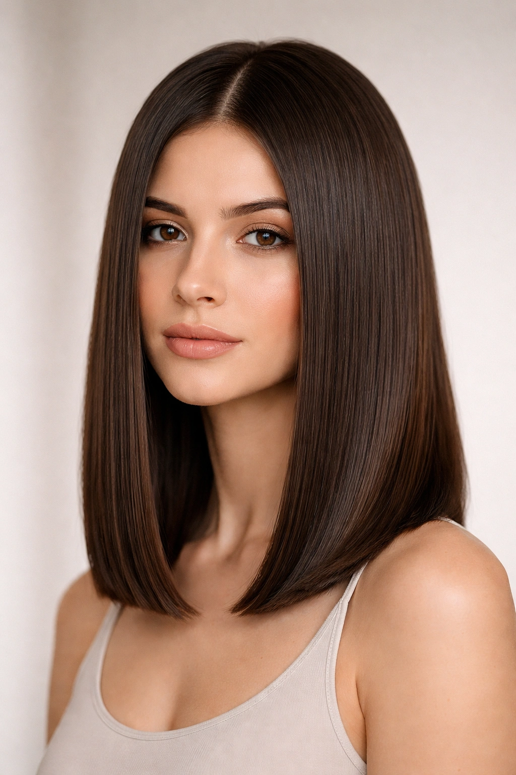 Close-up of a blunt long bob with a sharp edge on straight hair