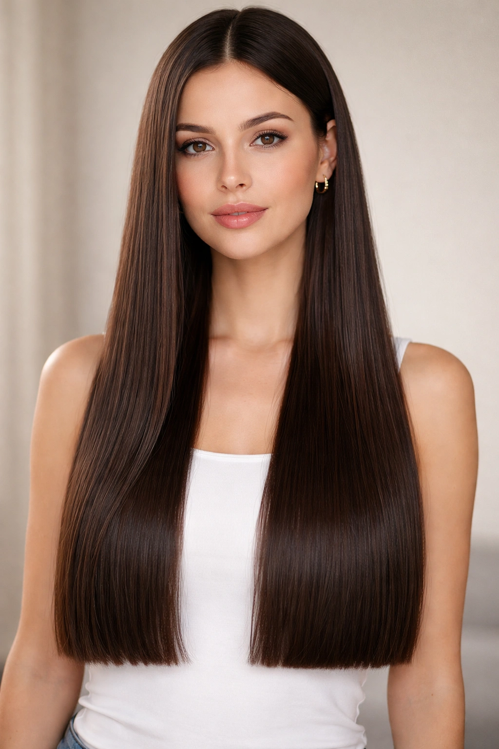 Portrait of a person with long straight blunt-cut hair showing sleek, even length
