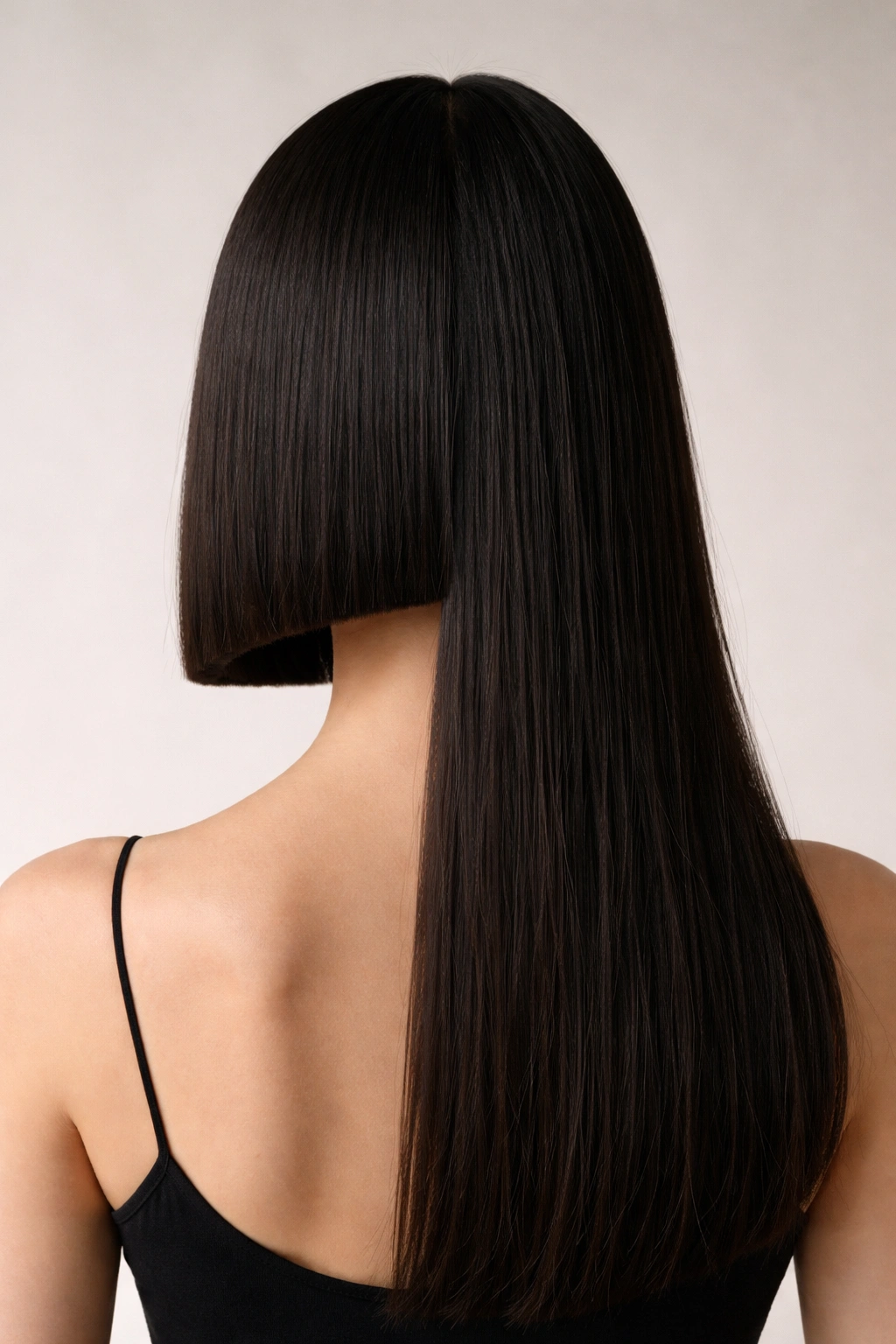 Head featuring blunt long-short asymmetrical cut with crisp edge.