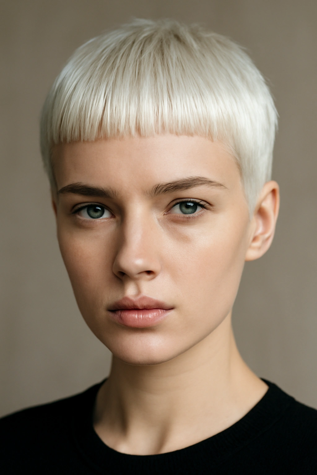 Blunt micro bangs in platinum blonde with a short crop