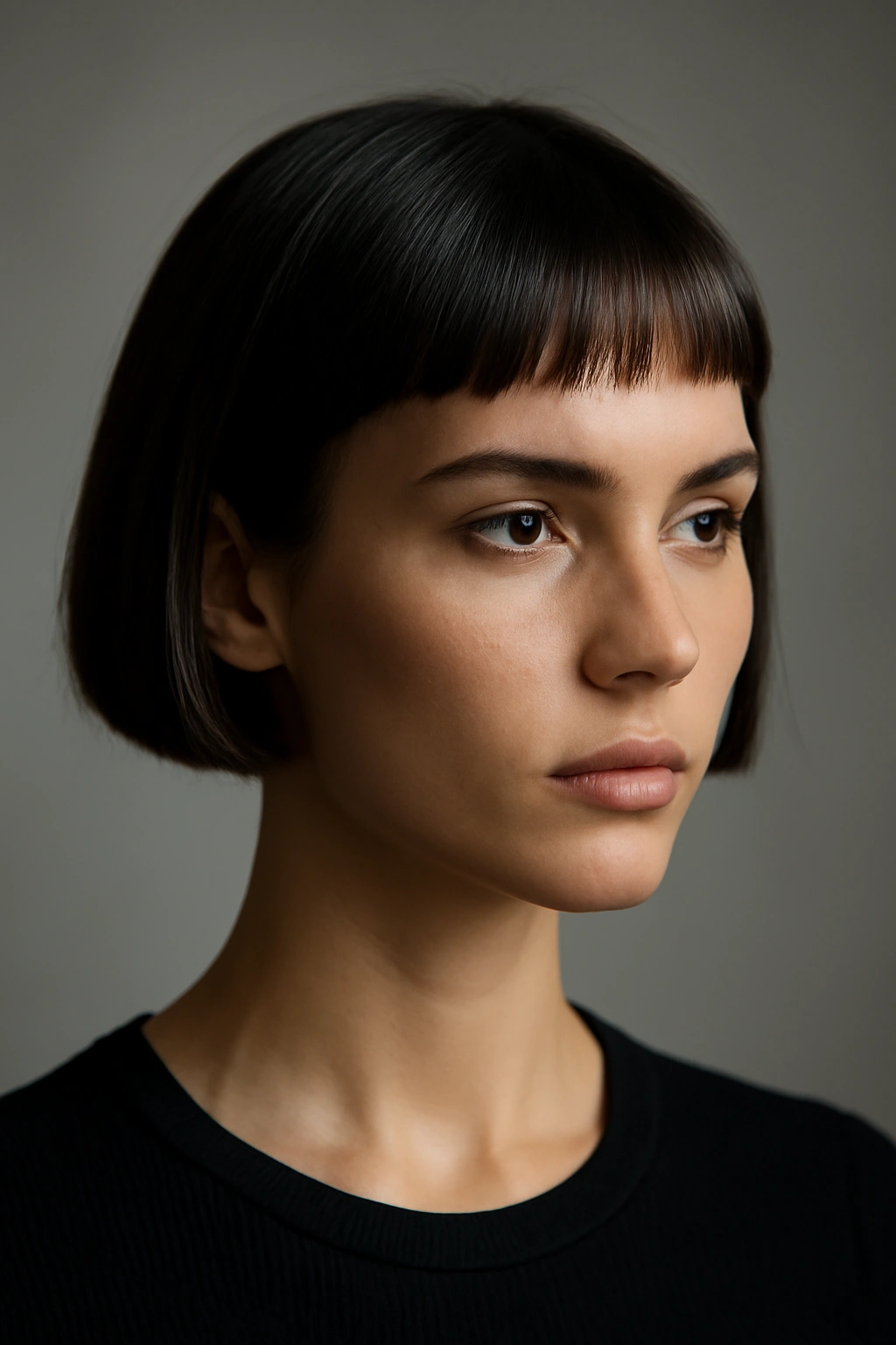 Close-up of a model with a blunt micro bob showing a bold ear-length silhouette.