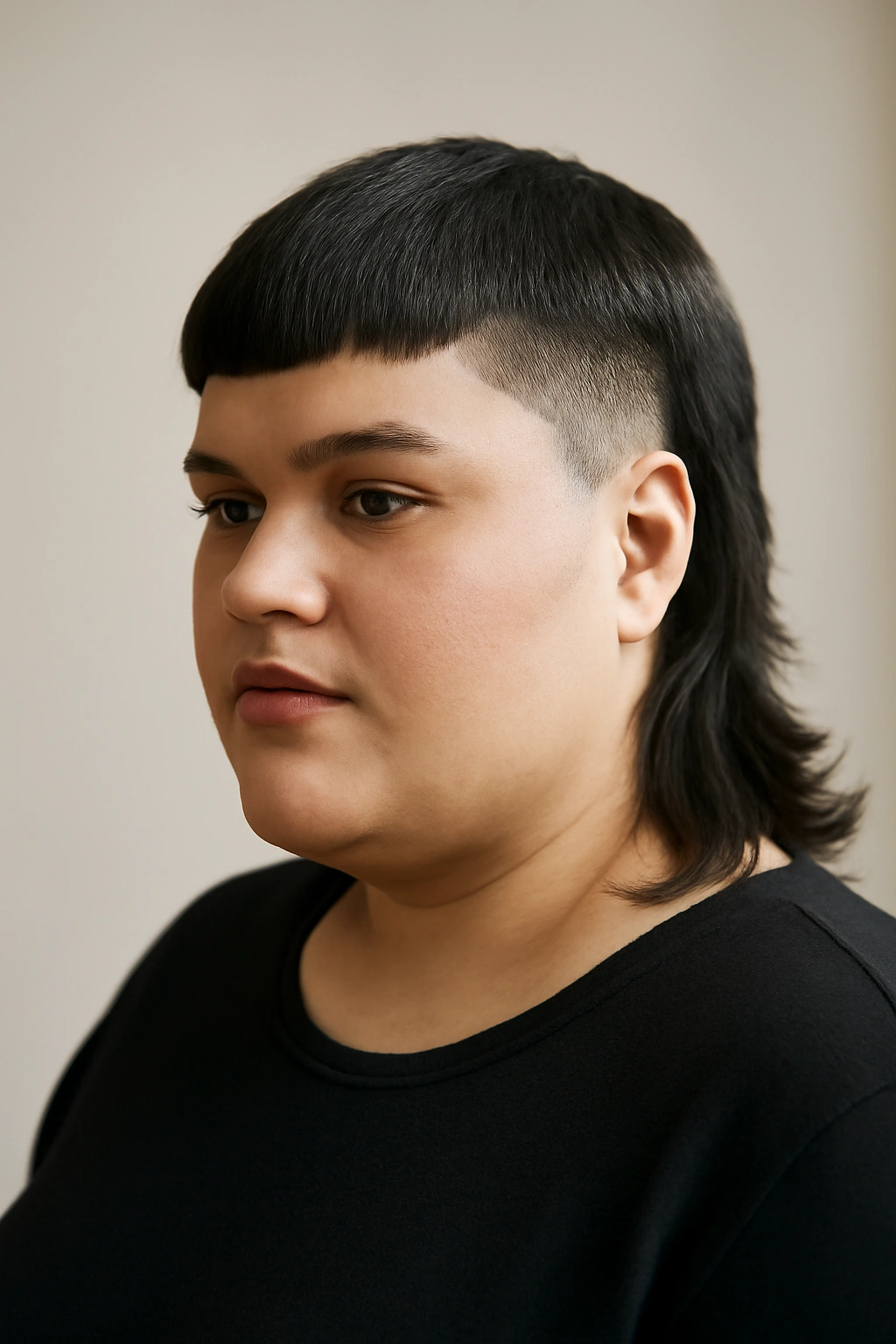 Portrait of a plus-size woman with a blunt mullet and disconnected sides in a studio