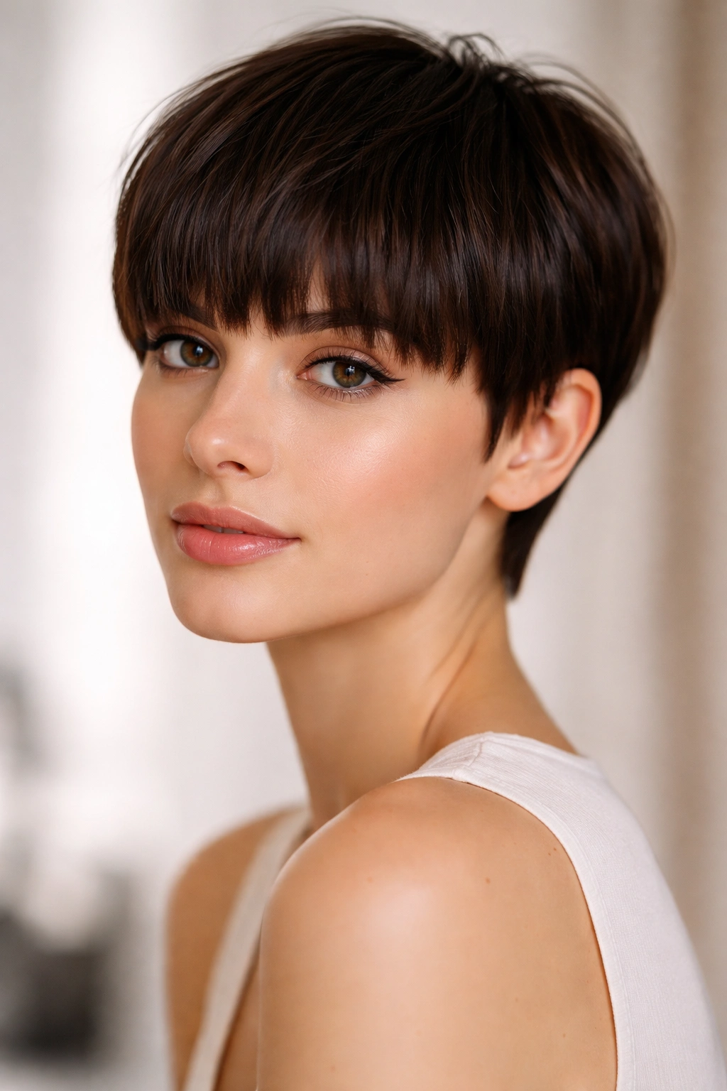 Blunt pixie with full bangs framing the face