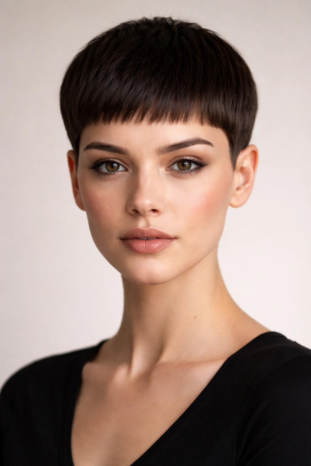 Front view of blunt pixie crop with sharp geometric lines