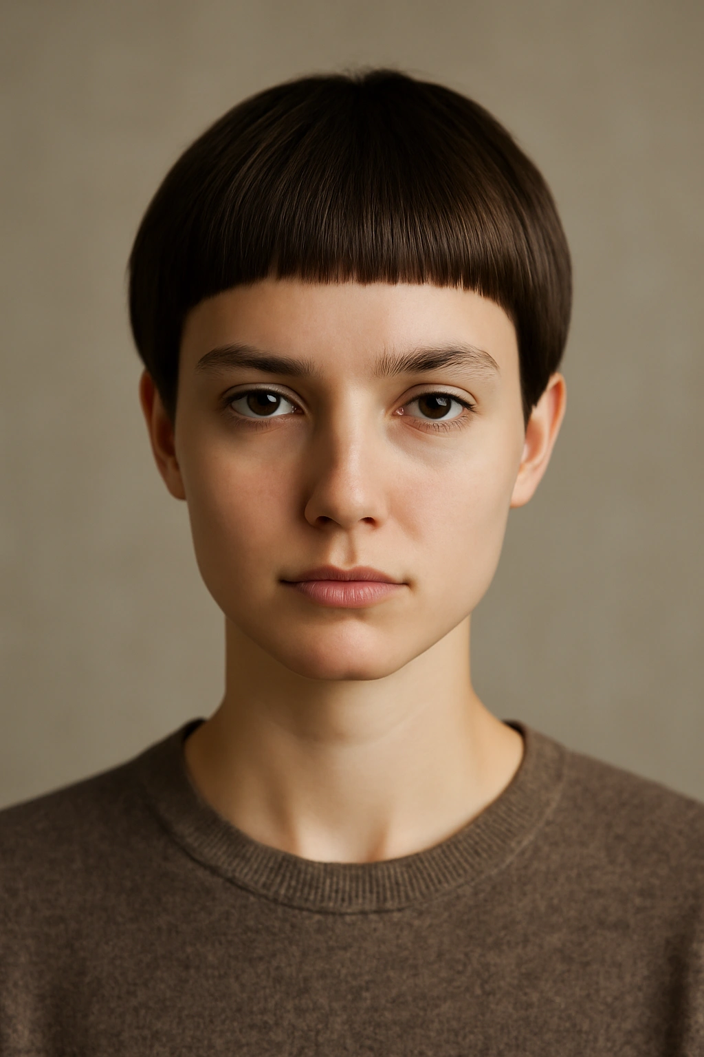 Portrait of The Blunt Pixie Crop with uniform blunt length in studio lighting