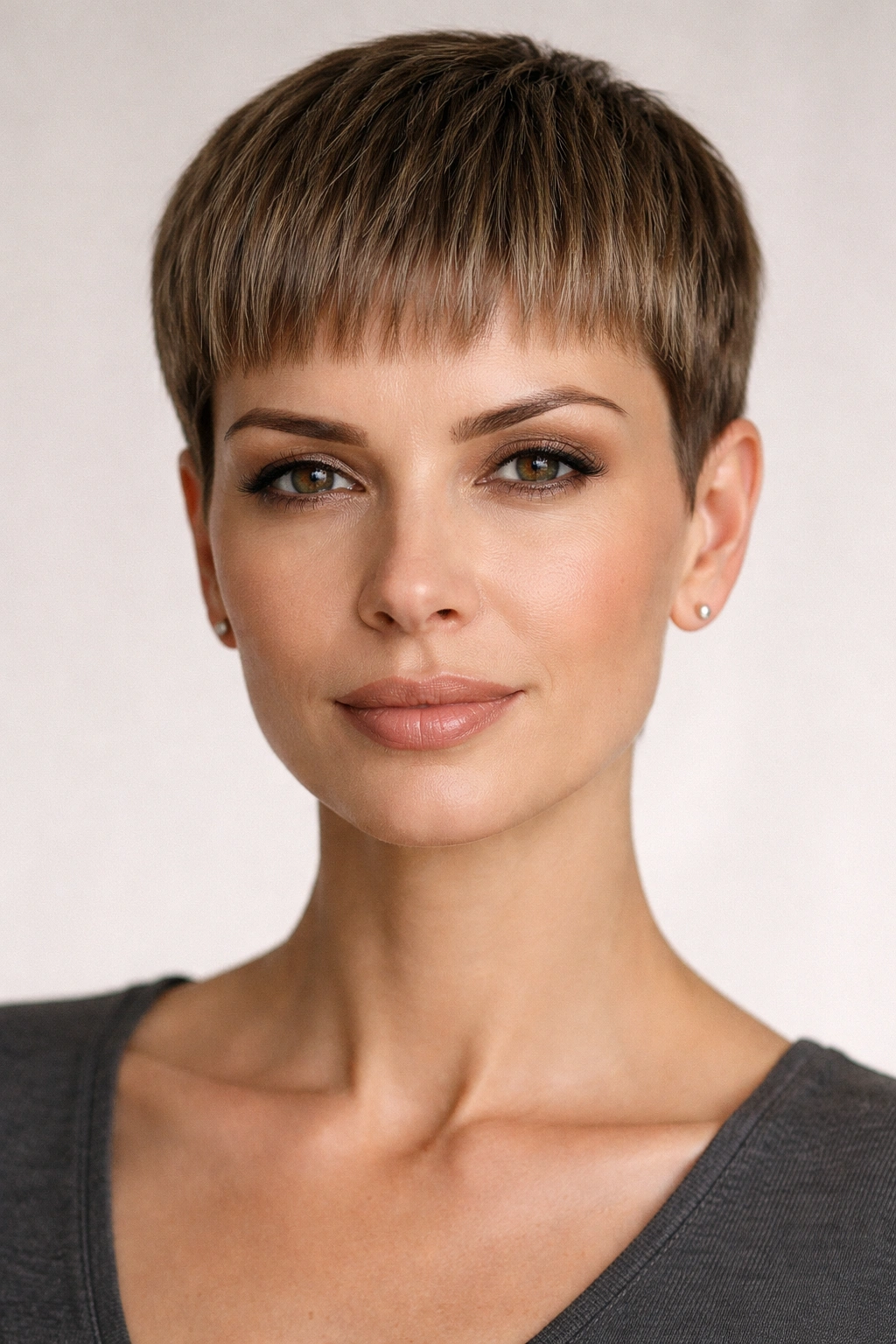 Front portrait of a blunt pixie cut with a sharp, even edge