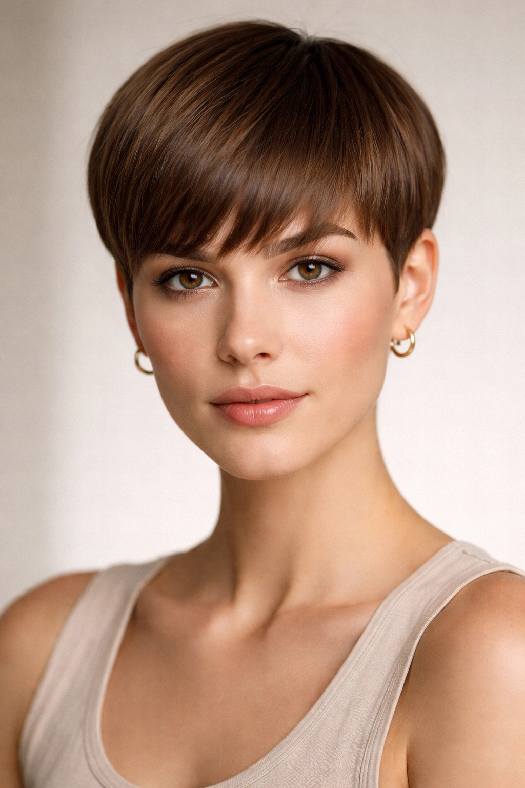 Front view of blunt pixie cut with uniform length around head