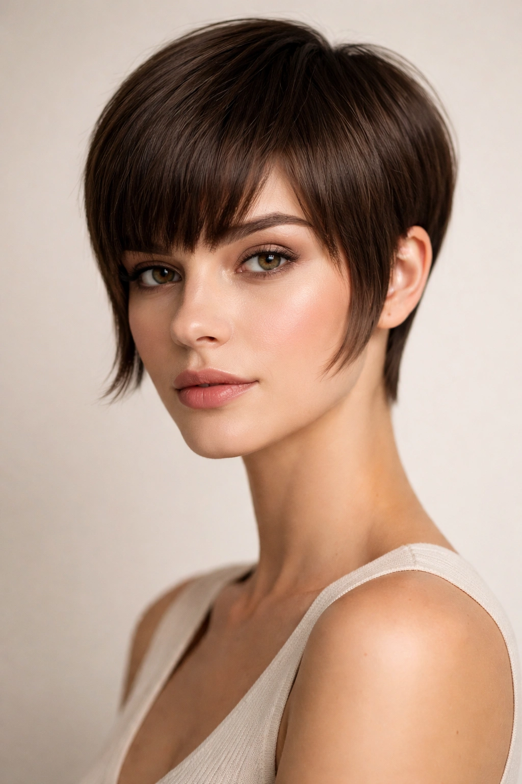 Close-up of blunt-edged pixie with face-framing pieces in studio lighting