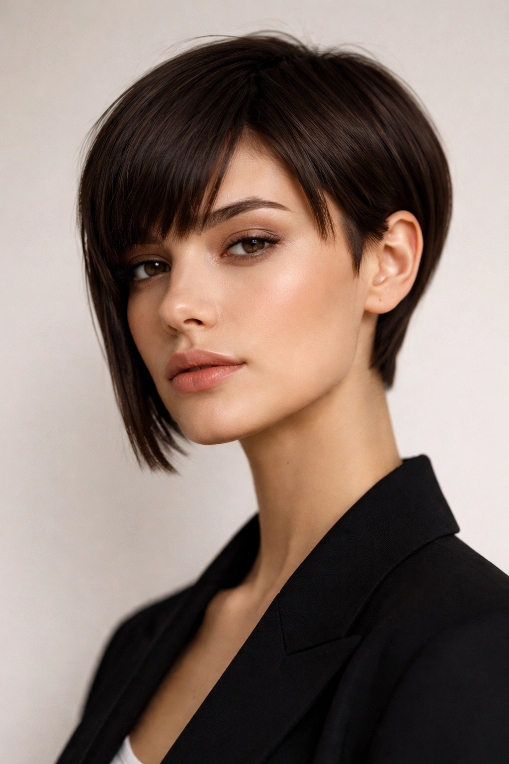 Close-up of blunt face-framing pixie with sharp jawline framing front pieces