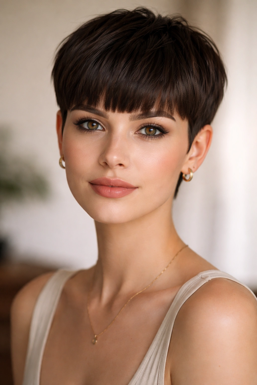 Close-up portrait of a blunt pixie with bangs for heart-shaped faces in studio light
