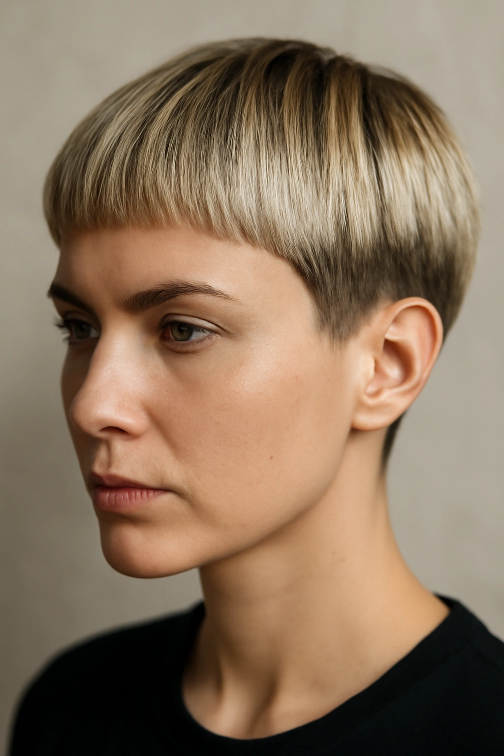 Blunt pixie with rooted blonde showing sharp edges and shadow root