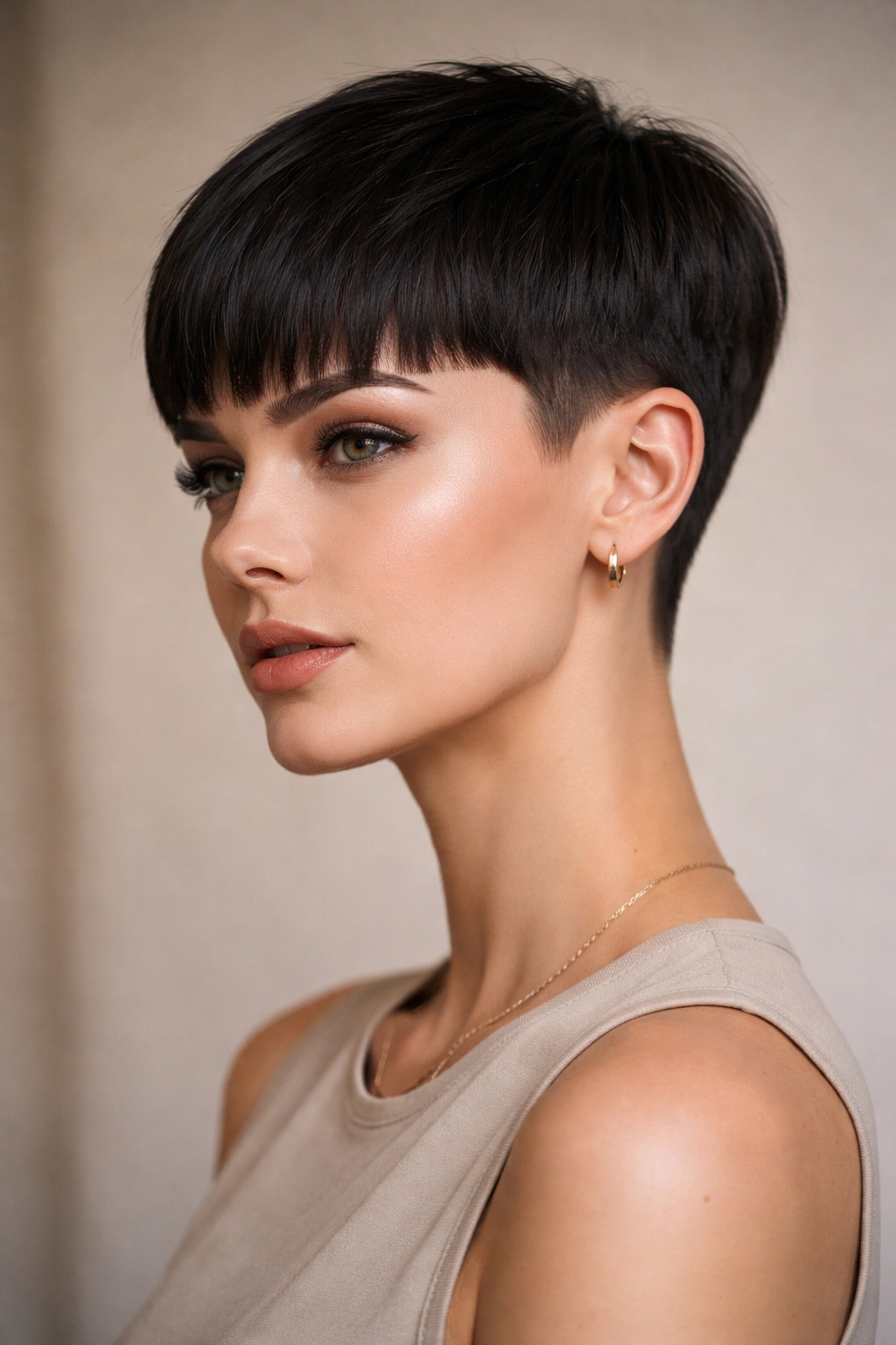 Close-up portrait highlighting a blunt pixie cut with sharp edges and minimal blending.