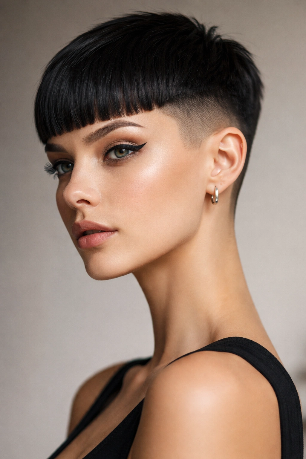 Blunt-banged shaved pixie with strong blunt fringe
