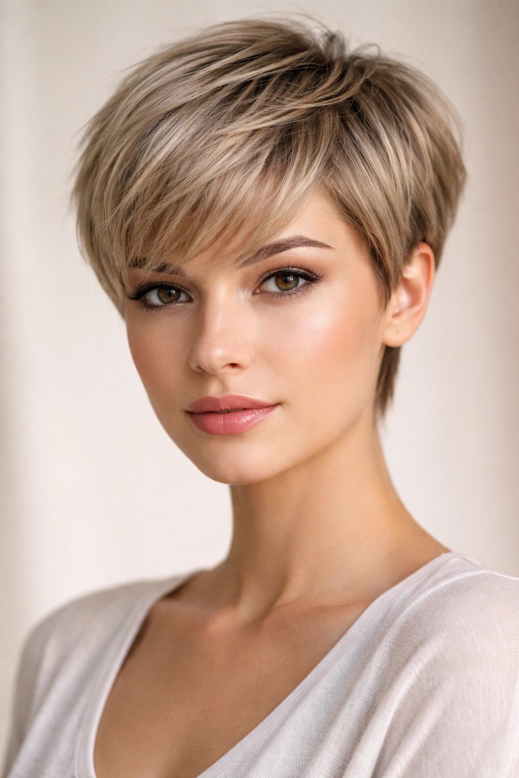 Blunt pixie with textured layers for volume and movement.