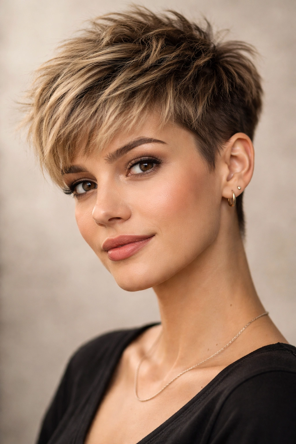 Close-up portrait of blunt pixie haircut with longer textured top showing dramatic contrast