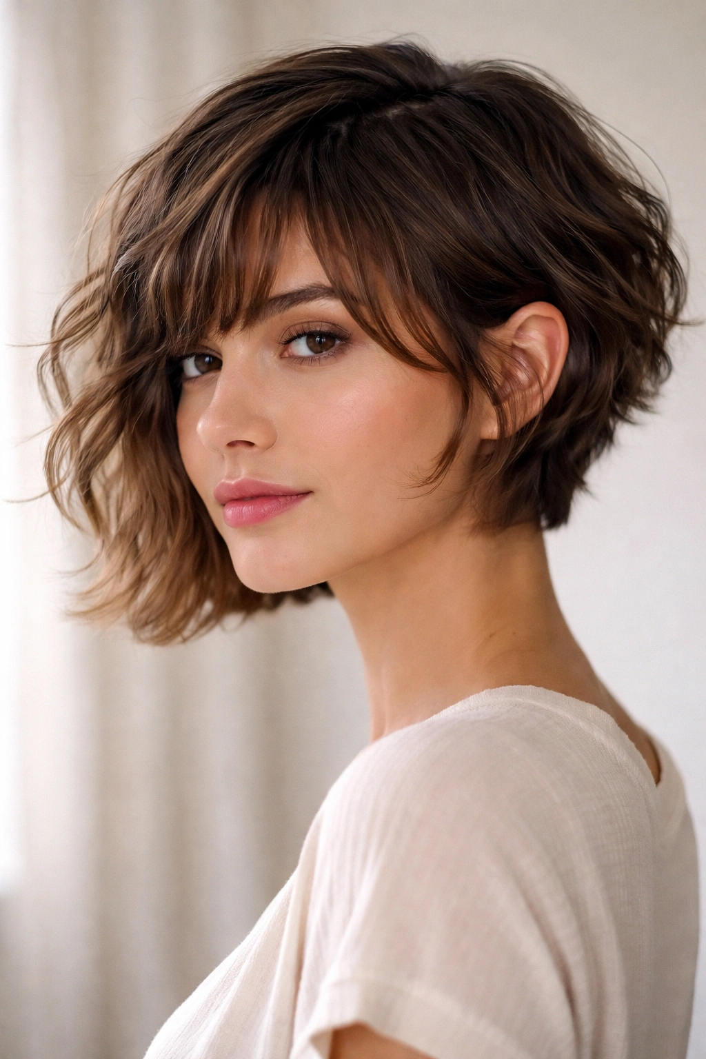Blunt chin-grazing pixie with longer front and shorter back on waves