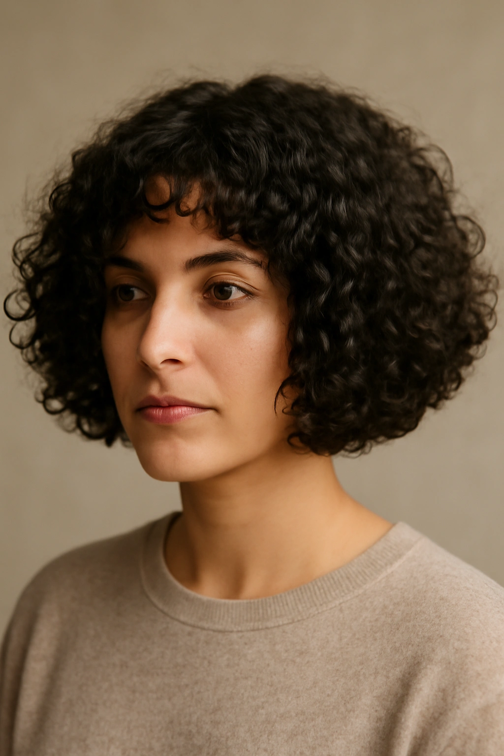 Blunt Rounded Bob for Thick Curly Hair: chin-length helmet-like silhouette on thick curls in studio setting