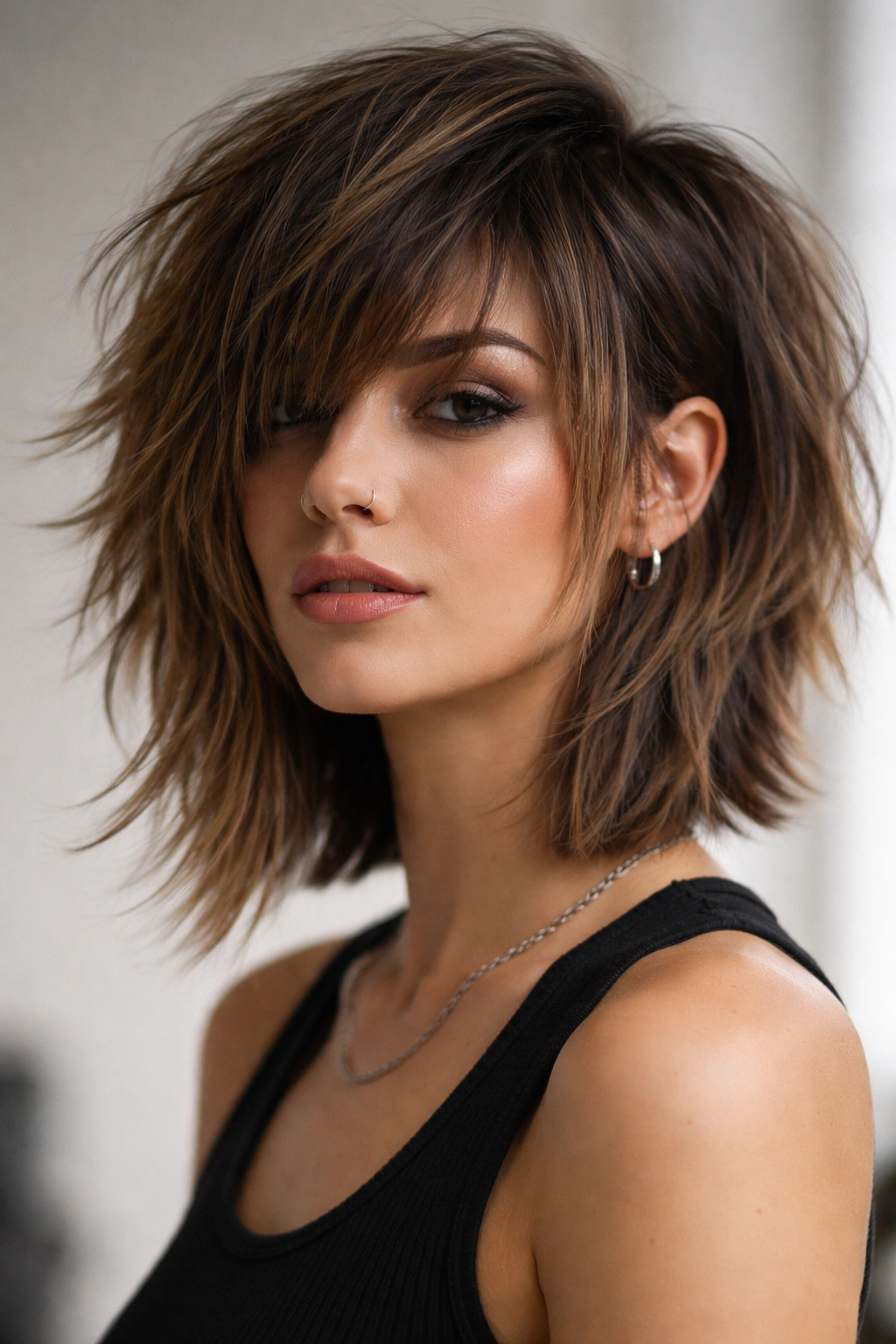 Model with blunt shag featuring asymmetrical layers and pronounced movement.